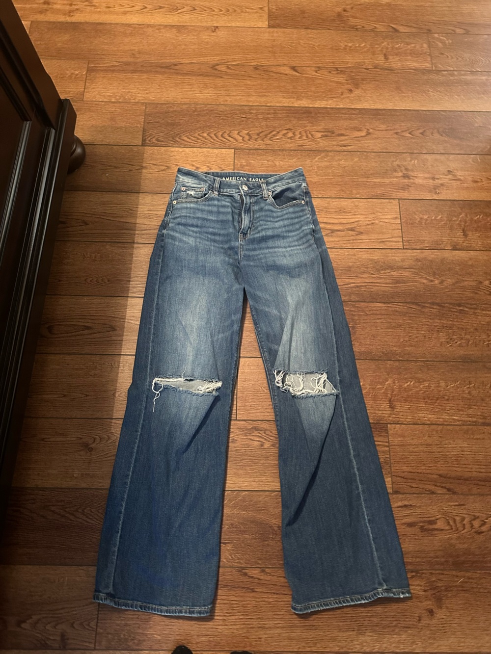American Eagle Outfitters Distressed Wide-Leg Blue Jeans